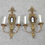 A pair of 20th century twin branch wall lights,