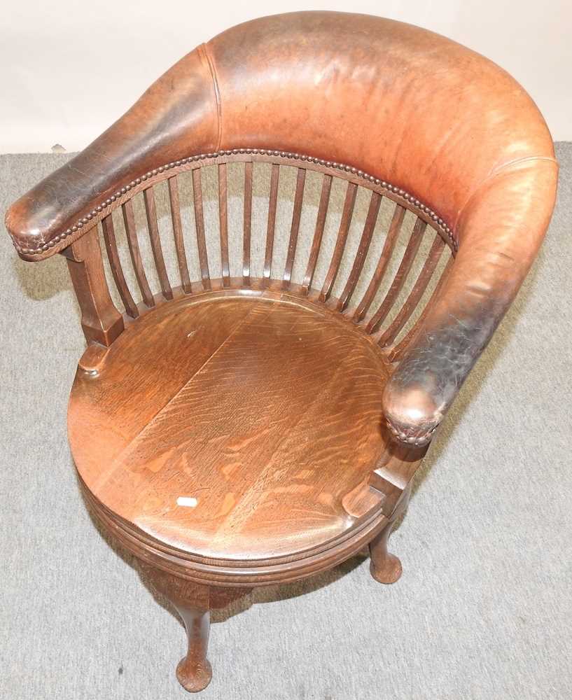 A late Victorian oak and leather upholstered swivel desk chair, - Image 4 of 6