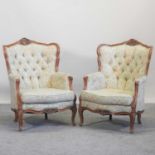 A pair of modern French style green floral upholstered show frame armchairs