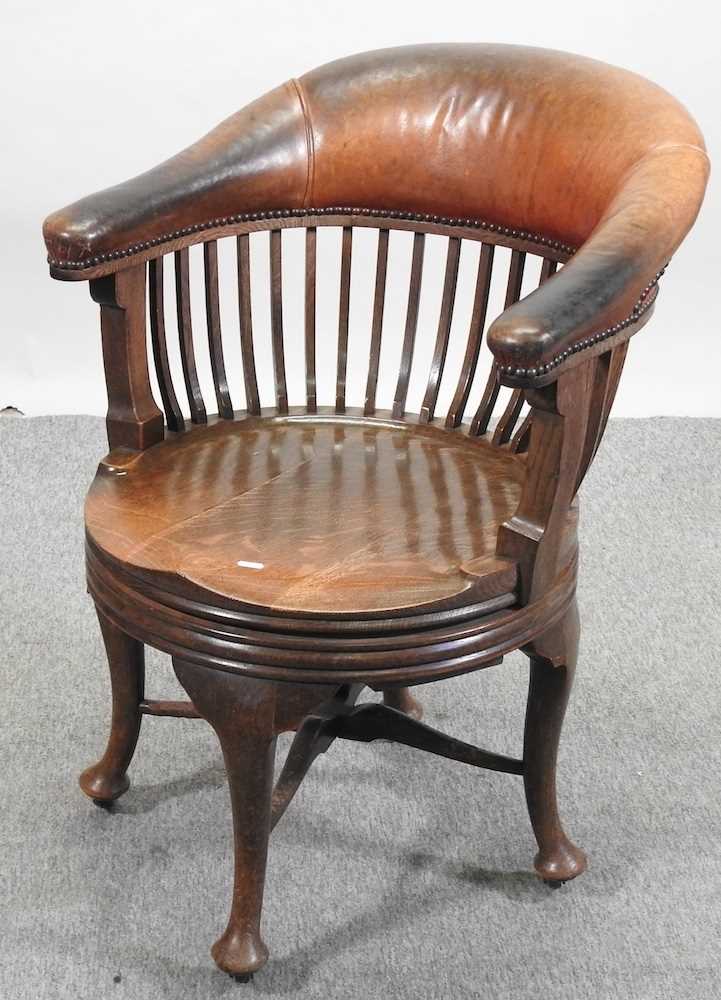 A late Victorian oak and leather upholstered swivel desk chair, - Image 3 of 6