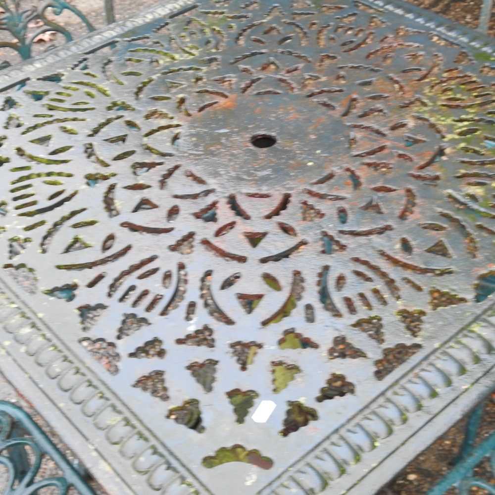 A green painted cast iron garden table, - Image 2 of 5