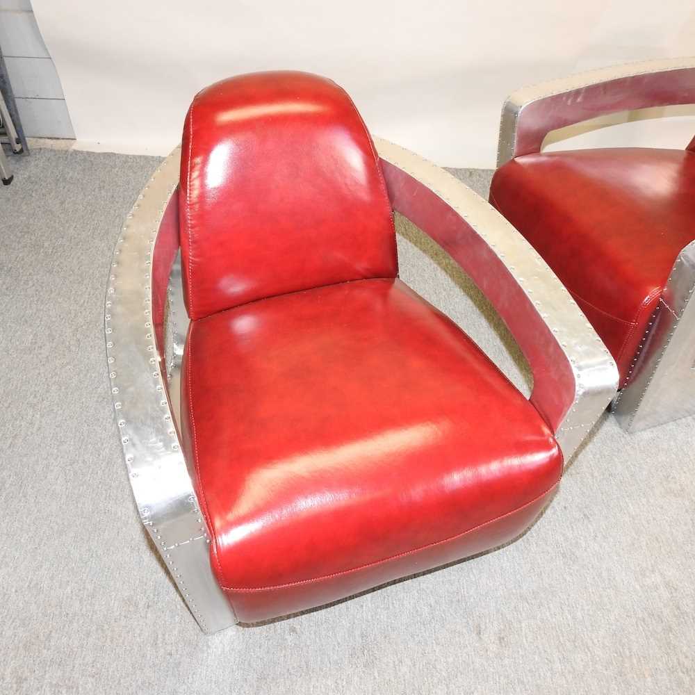 A pair of Art Deco style red upholstered aviator style armchairs, - Image 4 of 6