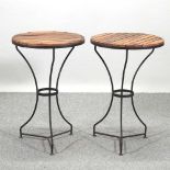 A pair of modern slatted hardwood circular occasional tables