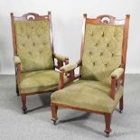 A pair of Edwardian walnut button back chairs