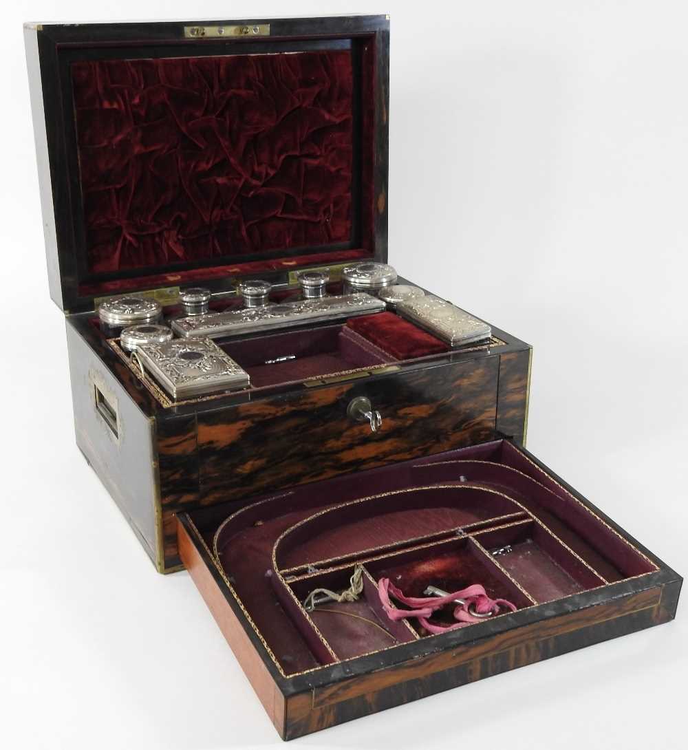 A Victorian coromandel and brass bound dressing case - Image 2 of 14