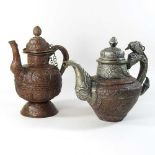 An ornate Tibetan mixed metal butter teapot and cover