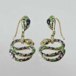 A pair of 14 carat gold diamond and enamelled snake earrings