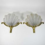 A pair of Art Deco brass and glass shell wall lights