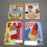 Four various painted metal vintage style signs