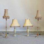 A pair of painted metal table lamps and shades