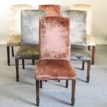 A set of six coloured velvet upholstered high back dining chairs