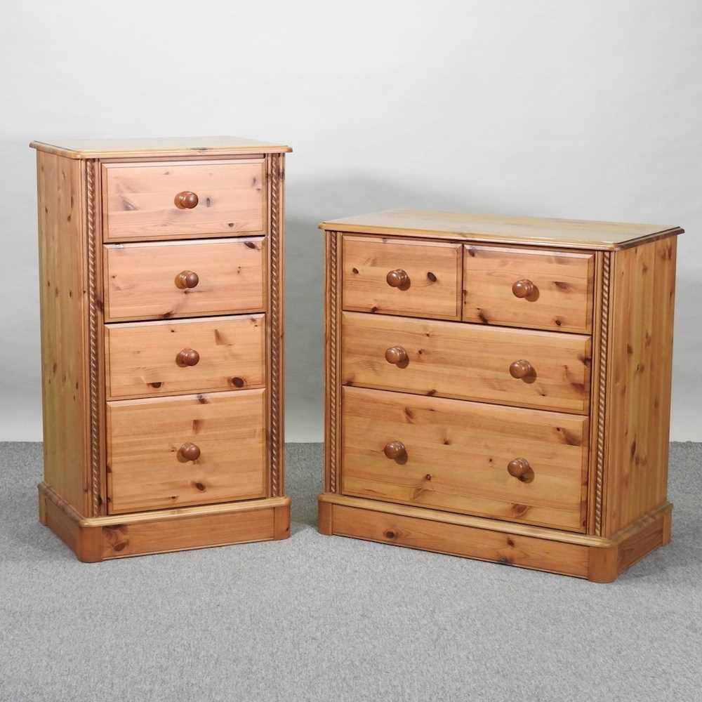 A pine chest of drawers, together with a narrow chest of drawers