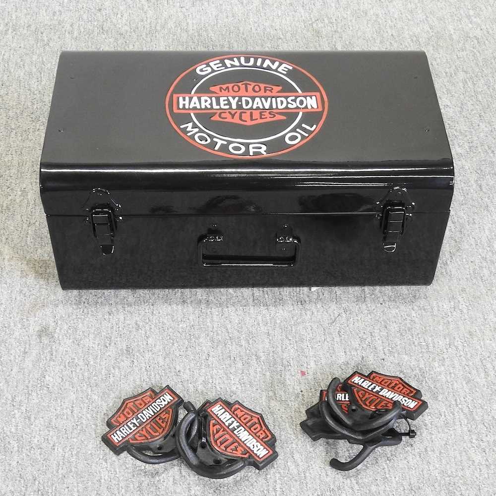 A set of six metal Harley Davidson style hooks,