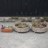 A pair of circular low terracotta planters