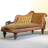 A Victorian mahogany and green upholstered chaise longue