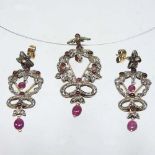 An antique 18 carat gold diamond and ruby earring and necklace set