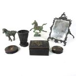 A collection of items to include two bronzed models of horses