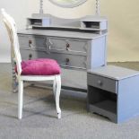 A grey painted dressing table, together with a white painted chair and a grey bedside table (3)