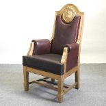 A gilt and upholstered throne chair