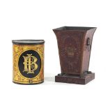 A 19th century gilt decorated black tole canister