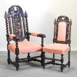 A set of eight Victorian heavily carved oak high back dining chairs