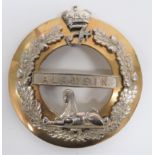 Queens Own Highlanders Plaid Brooch polished brass, circular plaid with overlaid silvered oak leaf