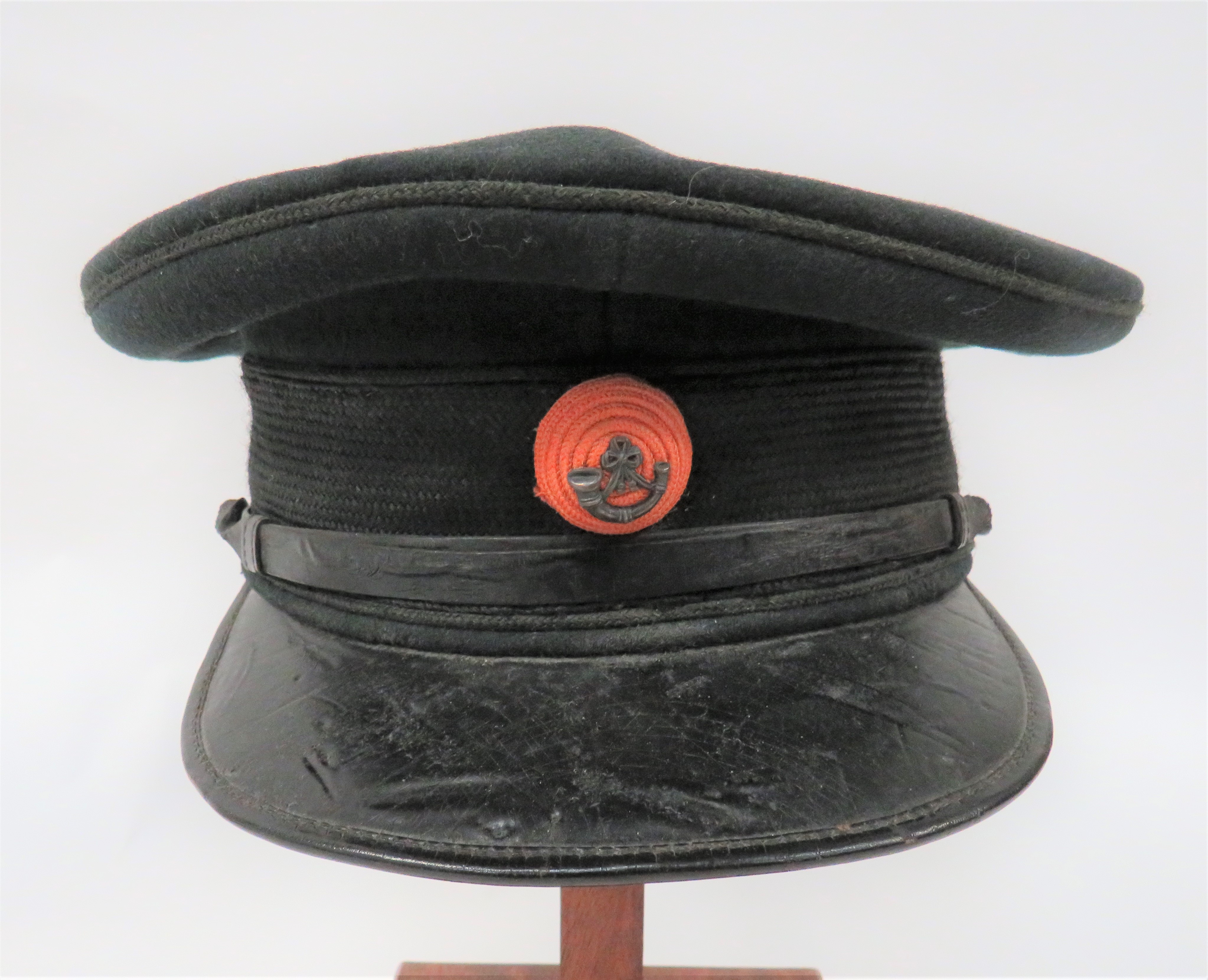 Liverpool Rifles Officer's Dress Cap dark green crown and body with green piping.  Dark green mohair