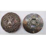 Two Scottish Regimental Plaid Brooches consisting cast white metal, scroll edged, circular plaid