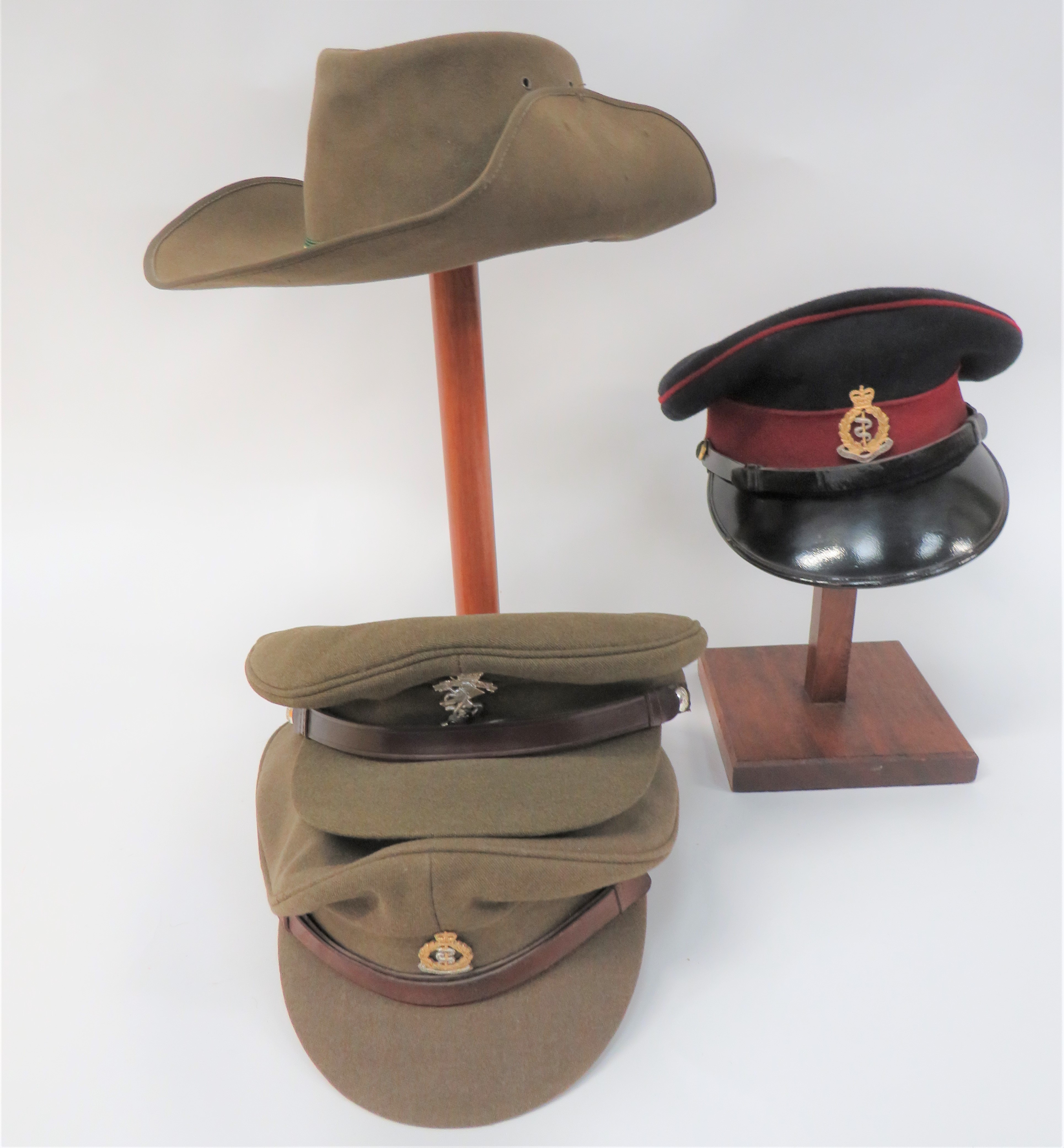 Small Selection of Various Hats consisting post war, Australian khaki green felt slouch hat ... Post