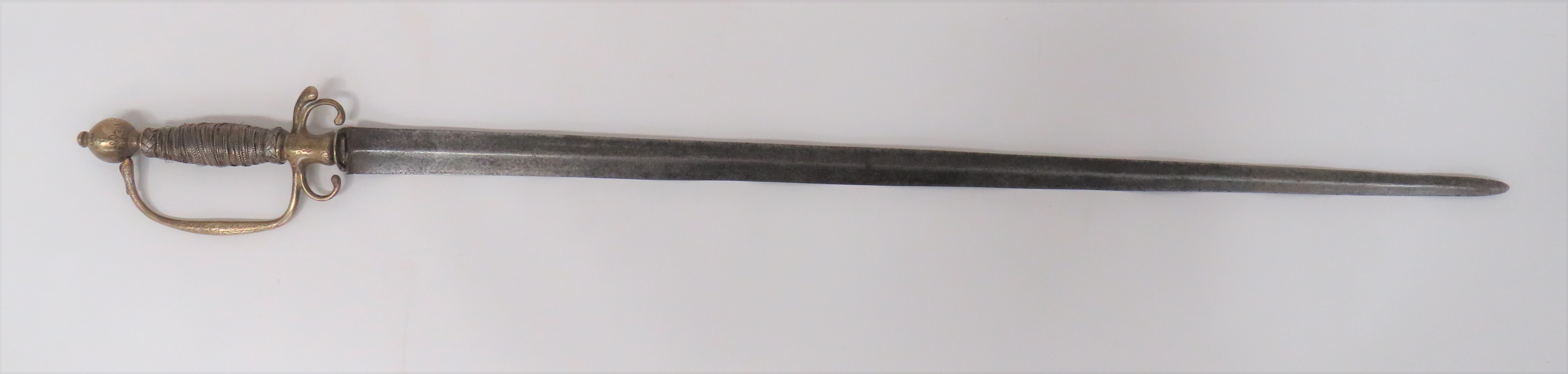 Mid 18th Century Officer's Sword 29 1/2 inch, double edged, fighting blade.  Brass pas-d'ane,