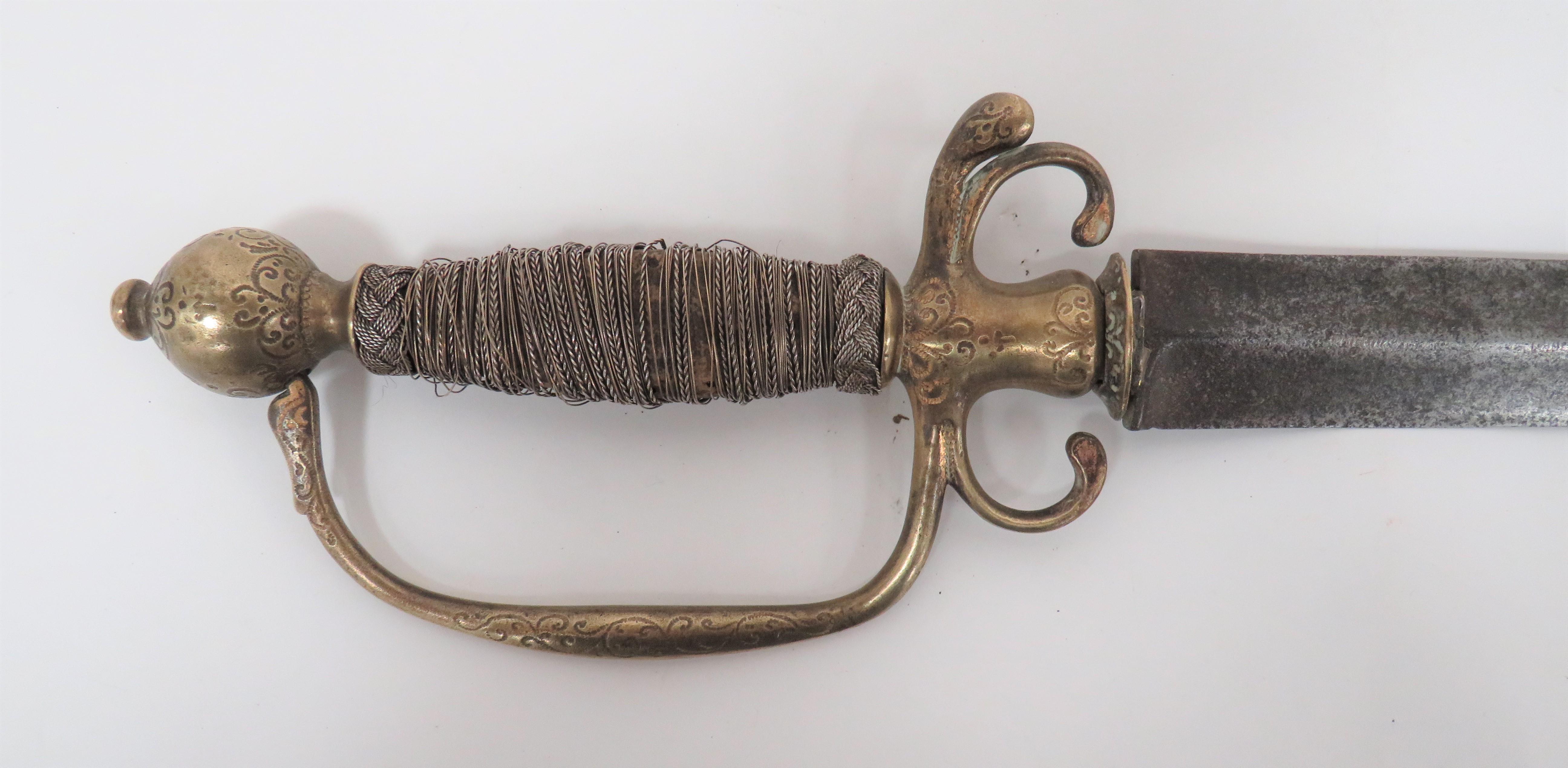 Mid 18th Century Officer's Sword 29 1/2 inch, double edged, fighting blade.  Brass pas-d'ane, - Image 2 of 2