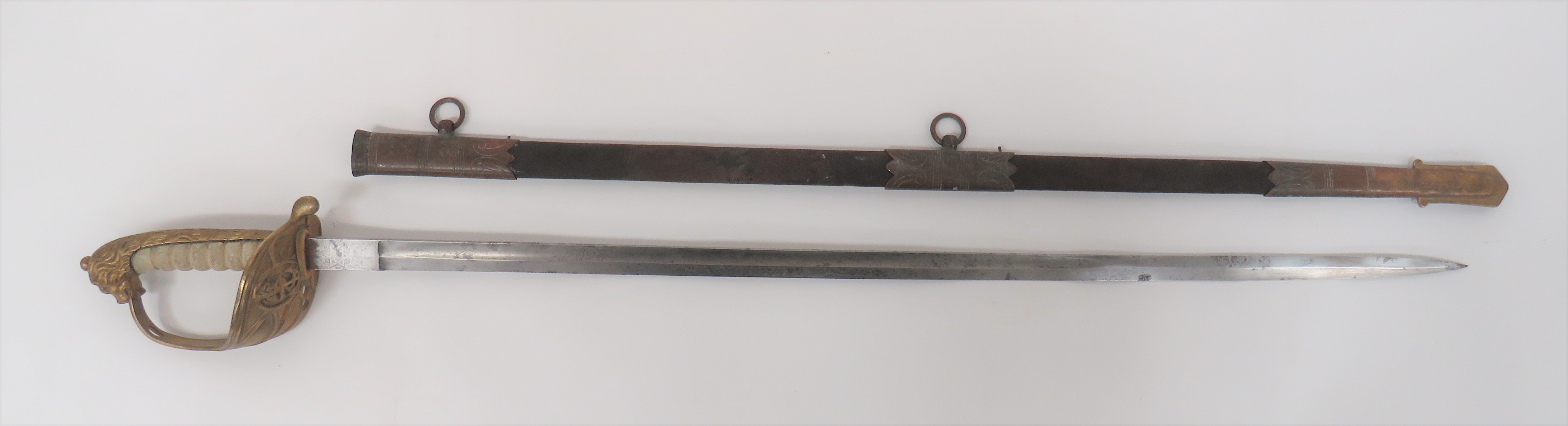 Post 1901 Royal Navy Officer's Sword 31 3/4 inch, single edged blade with wide fuller.  Etched