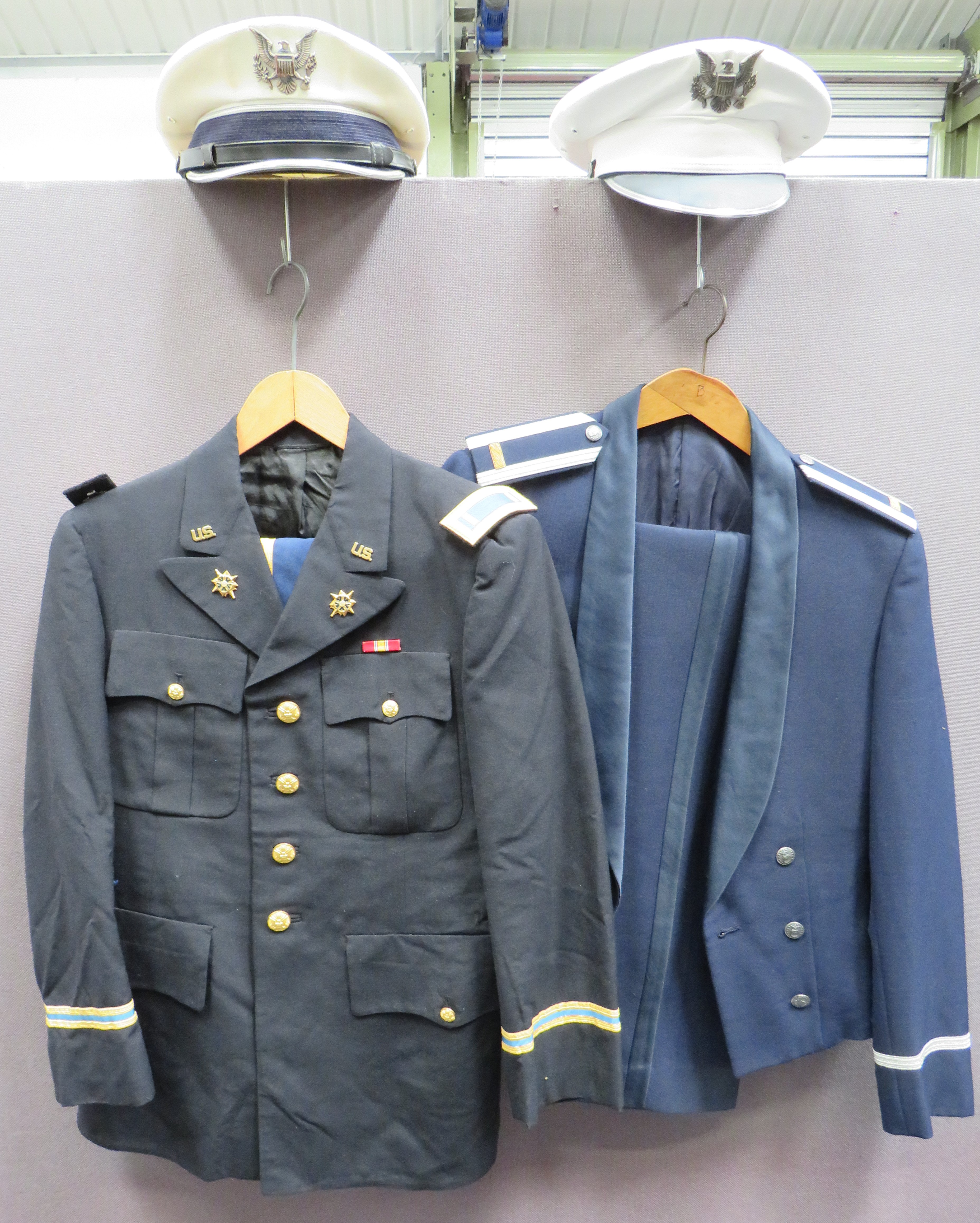 Two American Dress Uniforms consisting Air Force blue, mess jacket.  Embroidery, Lieutenant shoulder