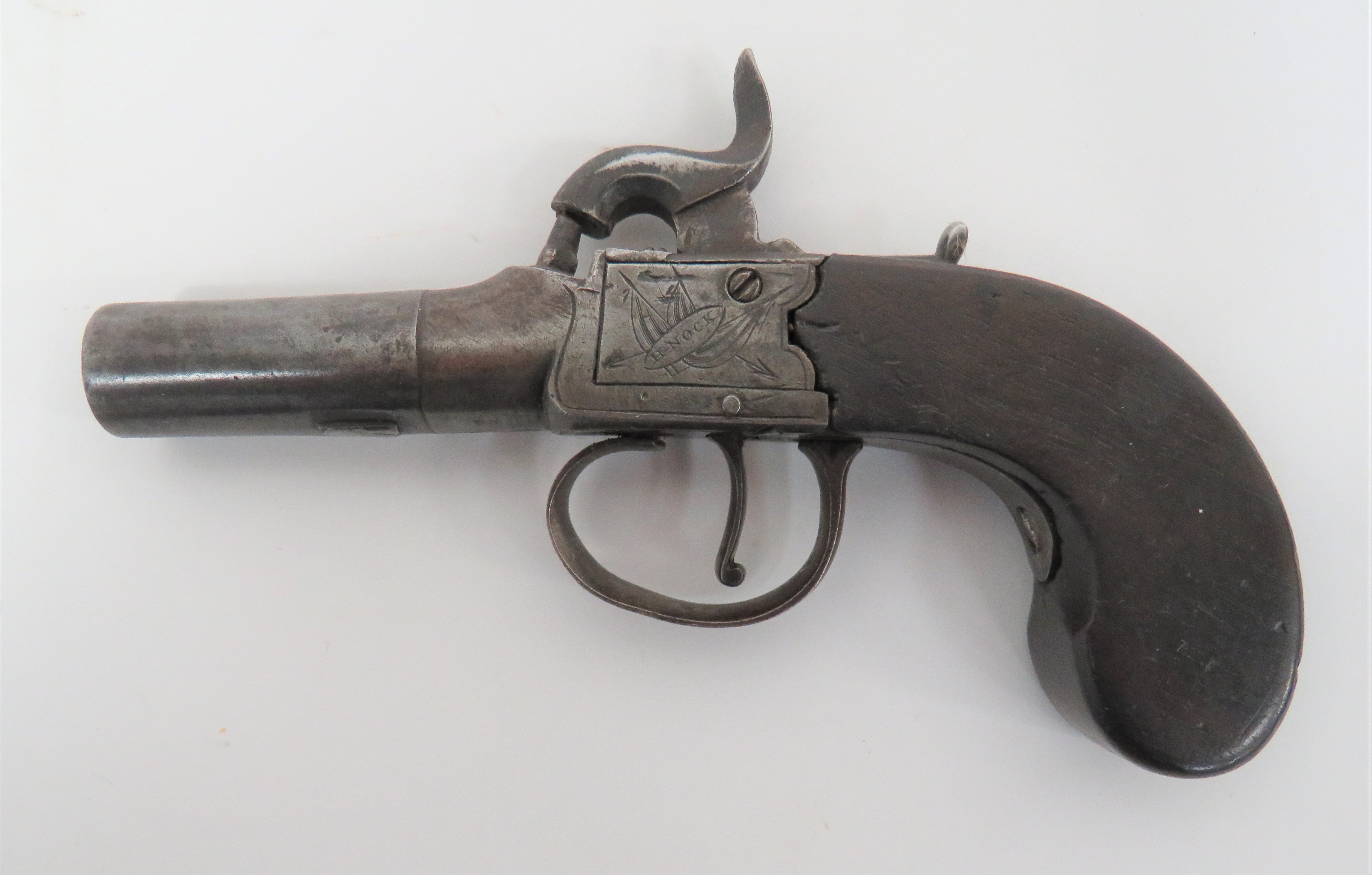 Mid 19th Century "H Nock London" Percussion Pocket Pistol 40 bore, 2 inch, turn off barrel.  Flat