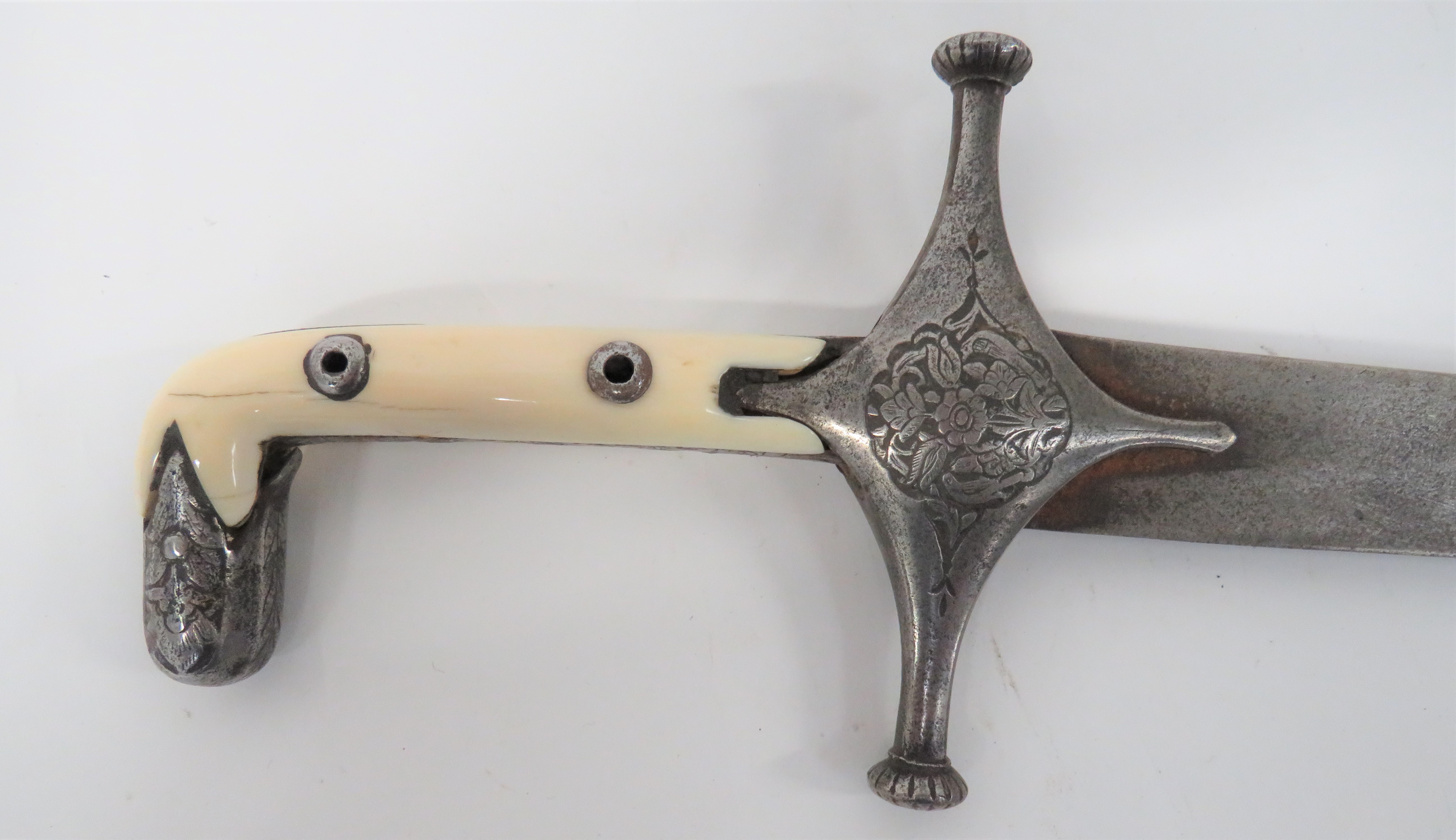 Late 18th Century Persian Shamshir  34 1/4 inch, single edged, heavily curved blade.  The point with - Image 2 of 3