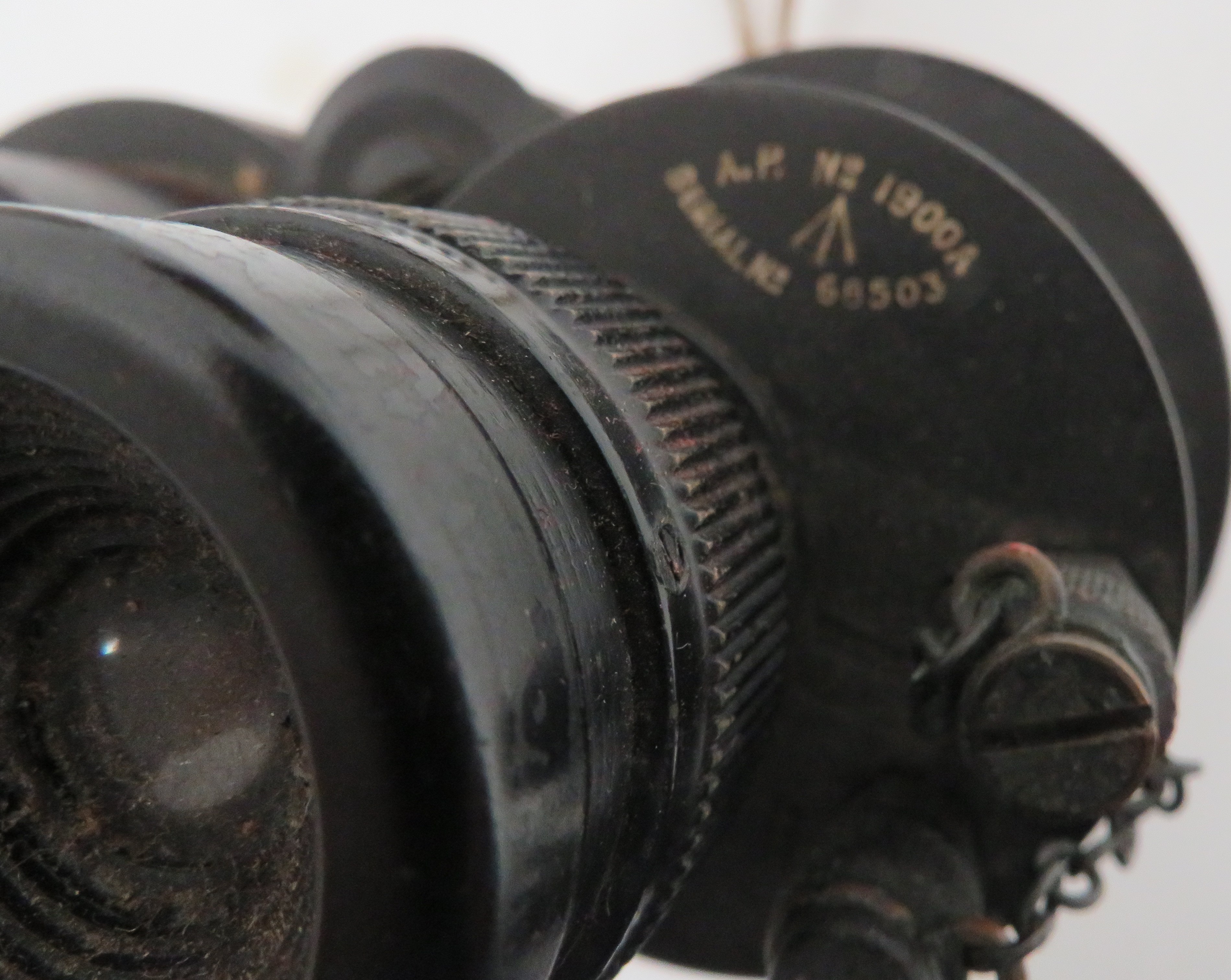 Pair of WW2 Barr & Stroud Naval Pattern Binoculars black crinkle bodies with large broad arrow. - Image 2 of 3