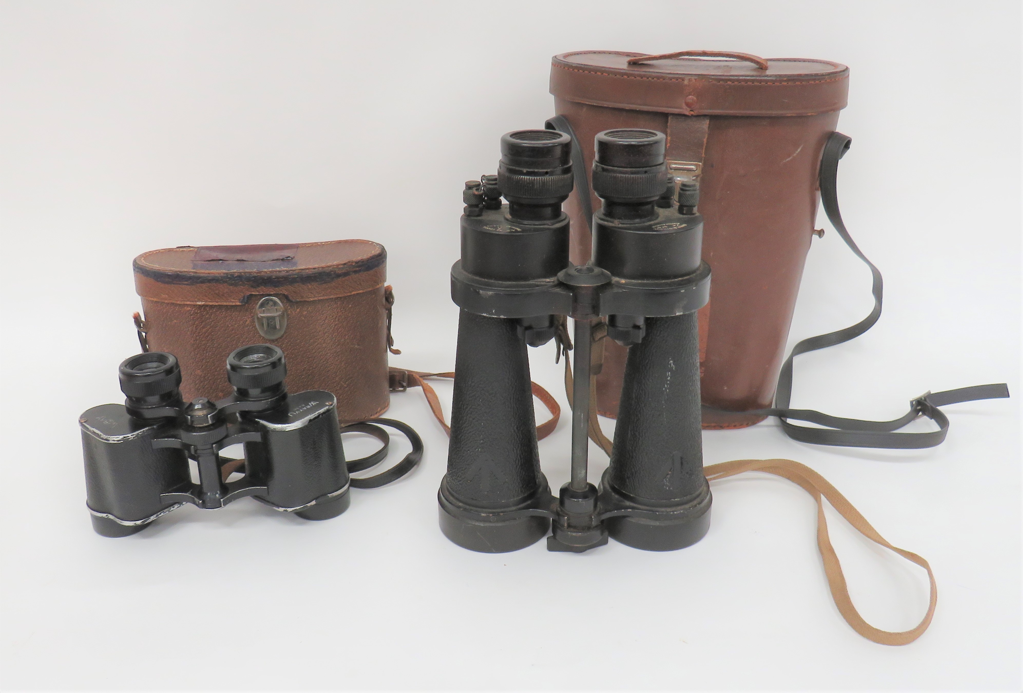 Pair of WW2 Barr & Stroud Naval Pattern Binoculars black crinkle bodies with large broad arrow.