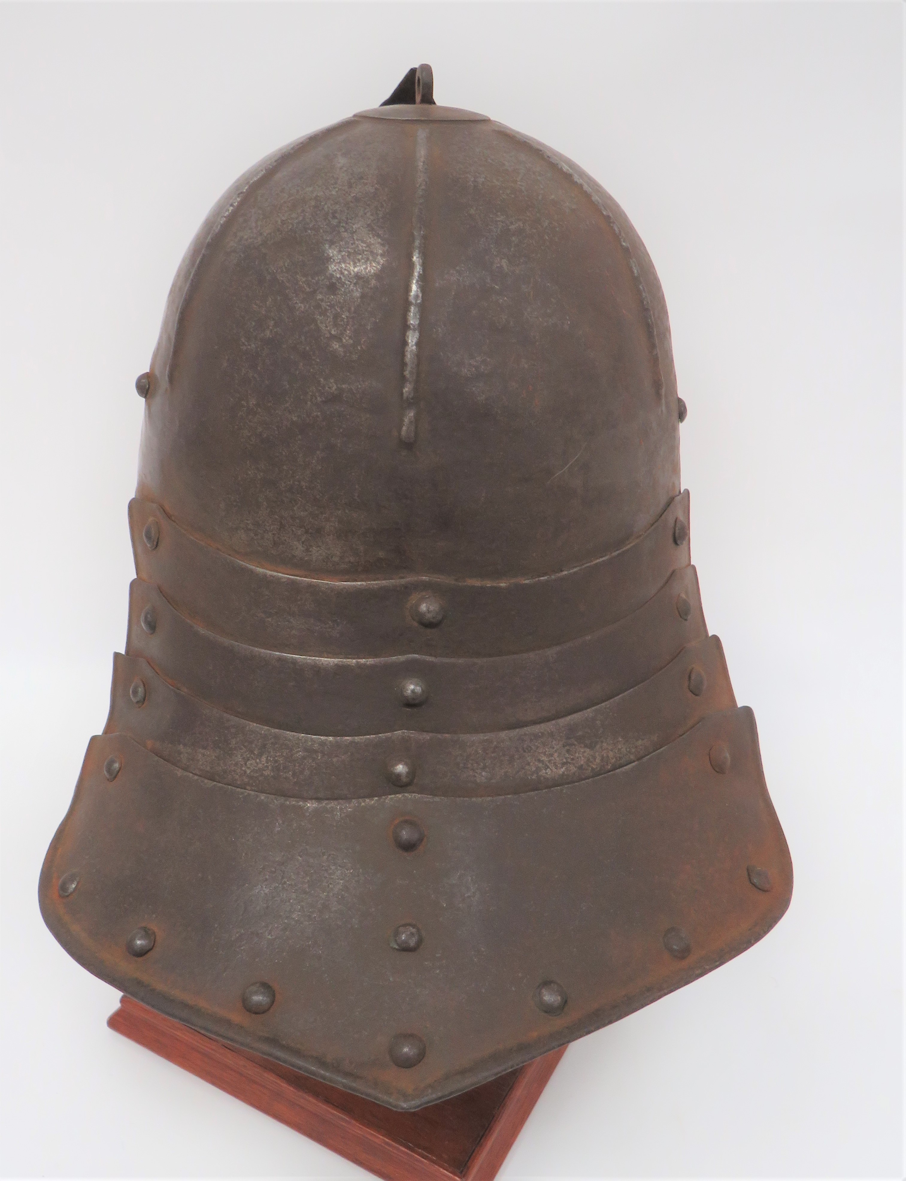 English Civil War Zischagge Lobster Tailed Pot Helmet steel, fluted crown with central cap.  Four - Image 4 of 4