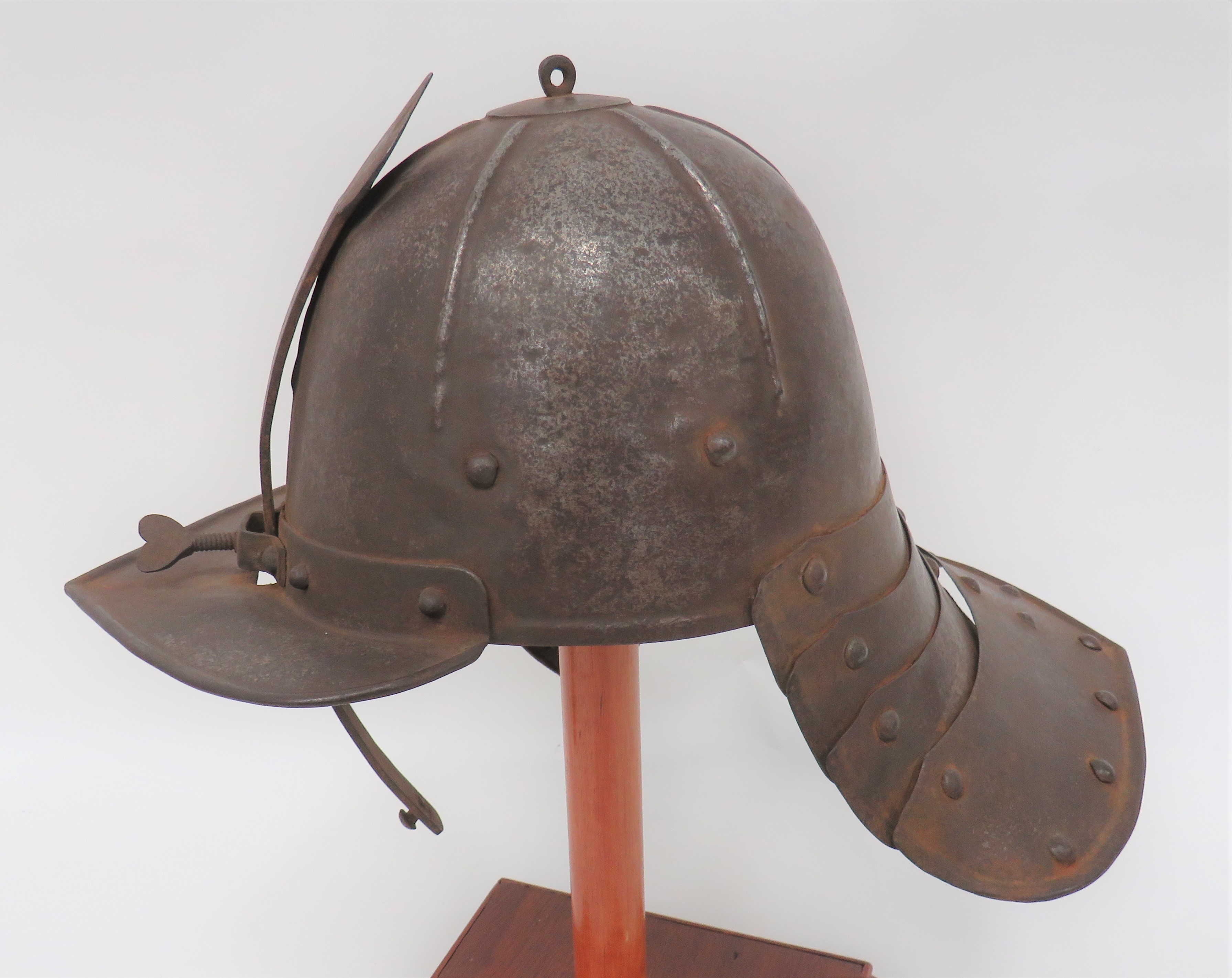 English Civil War Zischagge Lobster Tailed Pot Helmet steel, fluted crown with central cap.  Four - Image 3 of 4