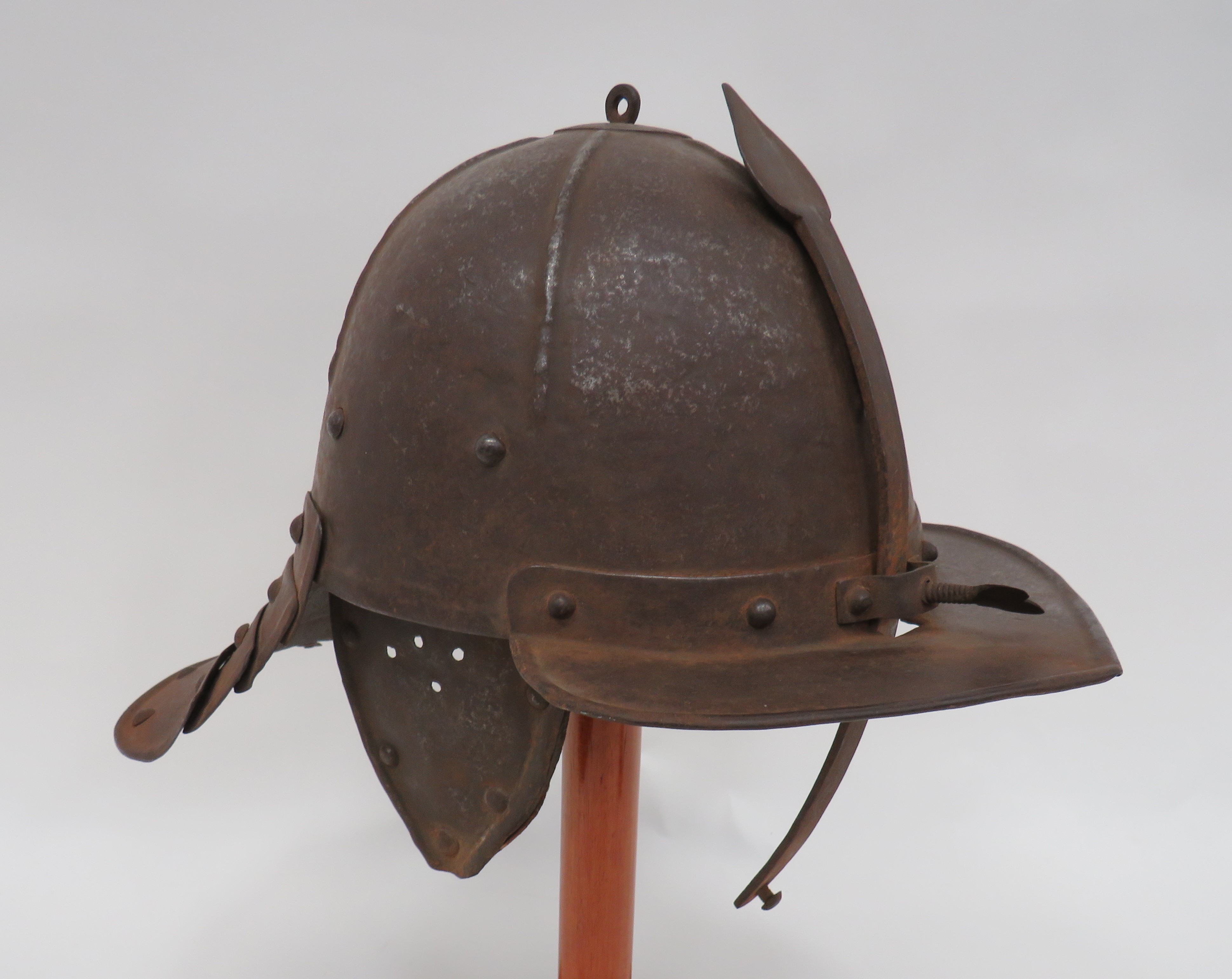 English Civil War Zischagge Lobster Tailed Pot Helmet steel, fluted crown with central cap.  Four