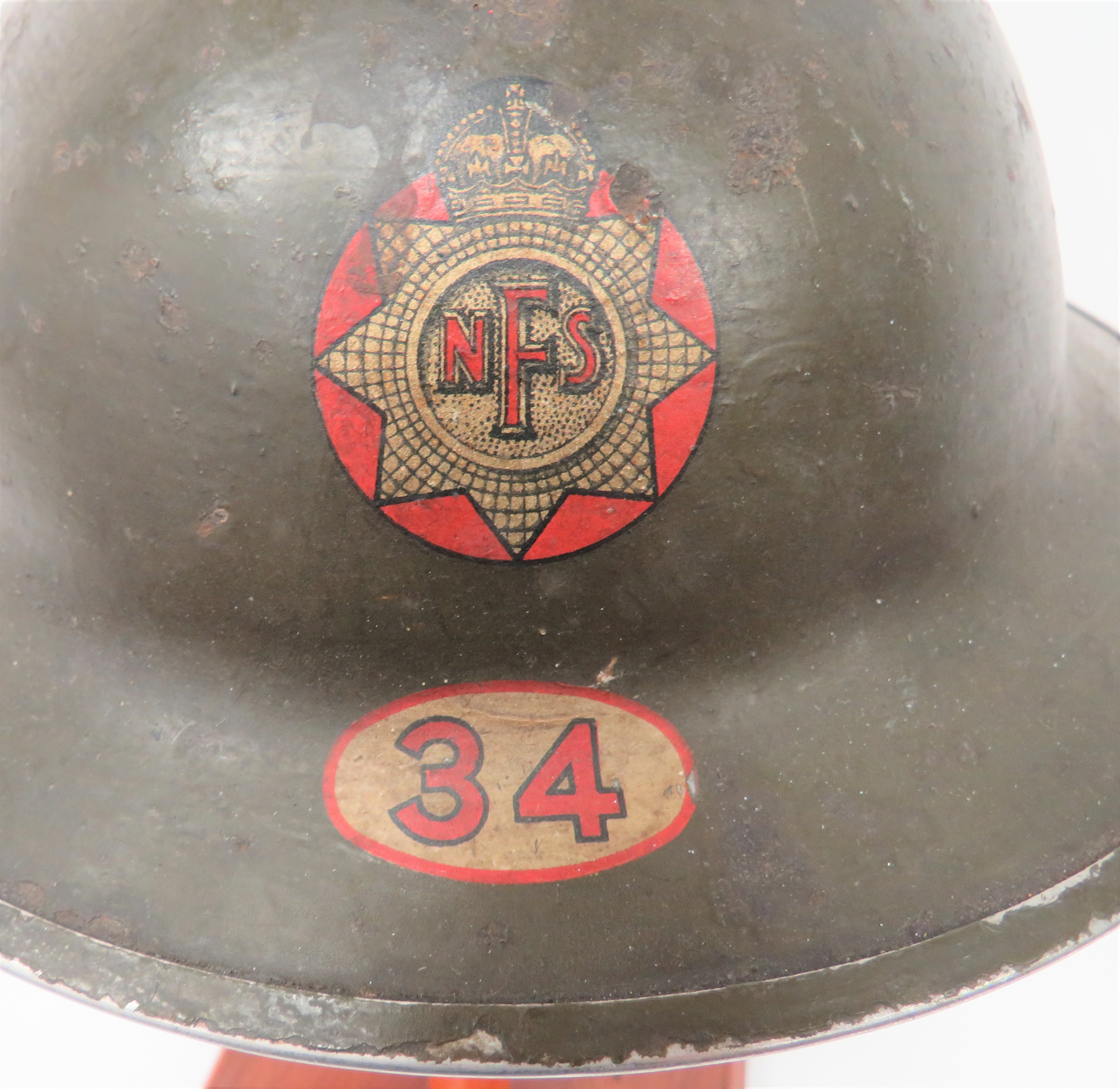 1939 Dated NFS District 34 (London Ealing) Steel Helmet khaki green painted outer shell.  The - Image 2 of 3