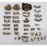 Brass Shoulder Titles Including WW1 Examples including Y West Kent ... Pair T28 County of London ...