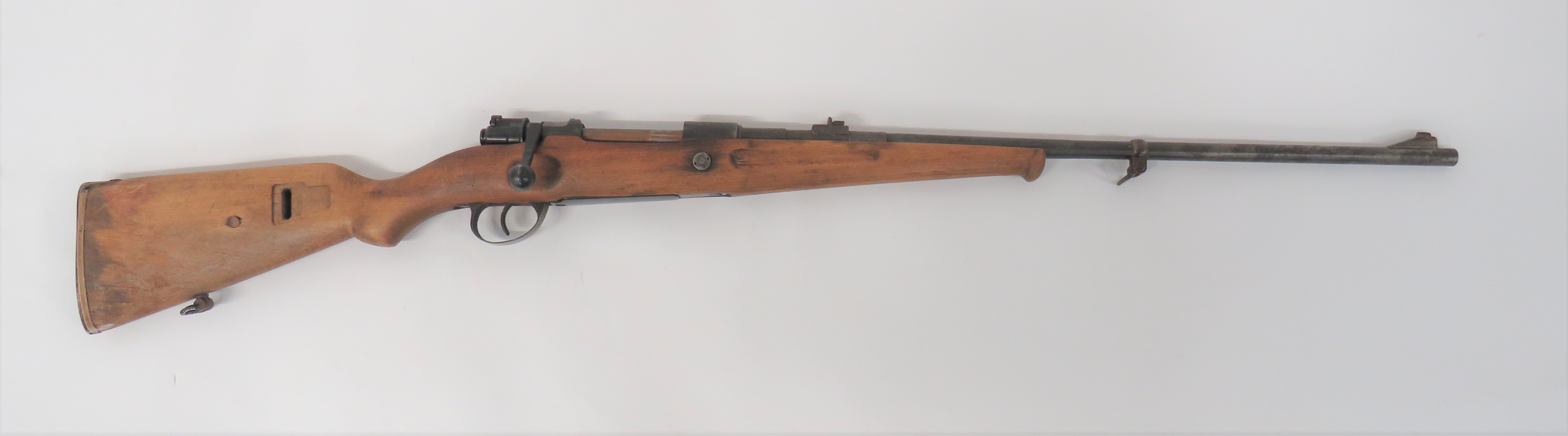 Deactivated Sporterized K98 Mauser Rifle 7.92 mm, 23 3/4 inch barrel.  Blade foresight and rear