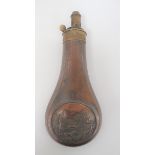 Dixon & Sons "Hunter & Dogs" Powder Flask darkened copper, bag shape body with hunter and dogs