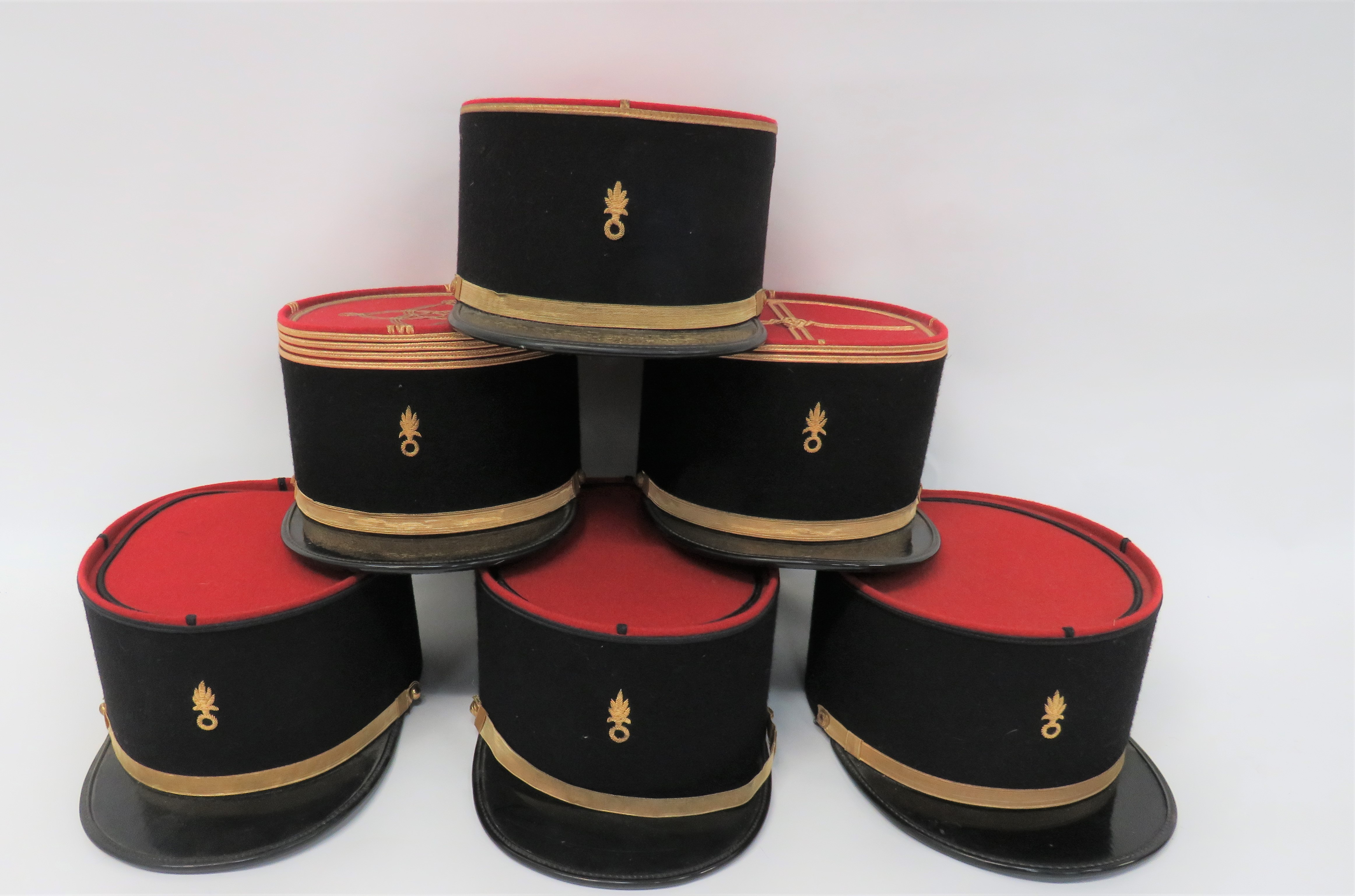 Six Various French Foreign Legion Kepis consisting 3 x Officer examples.  Black body with red crown.