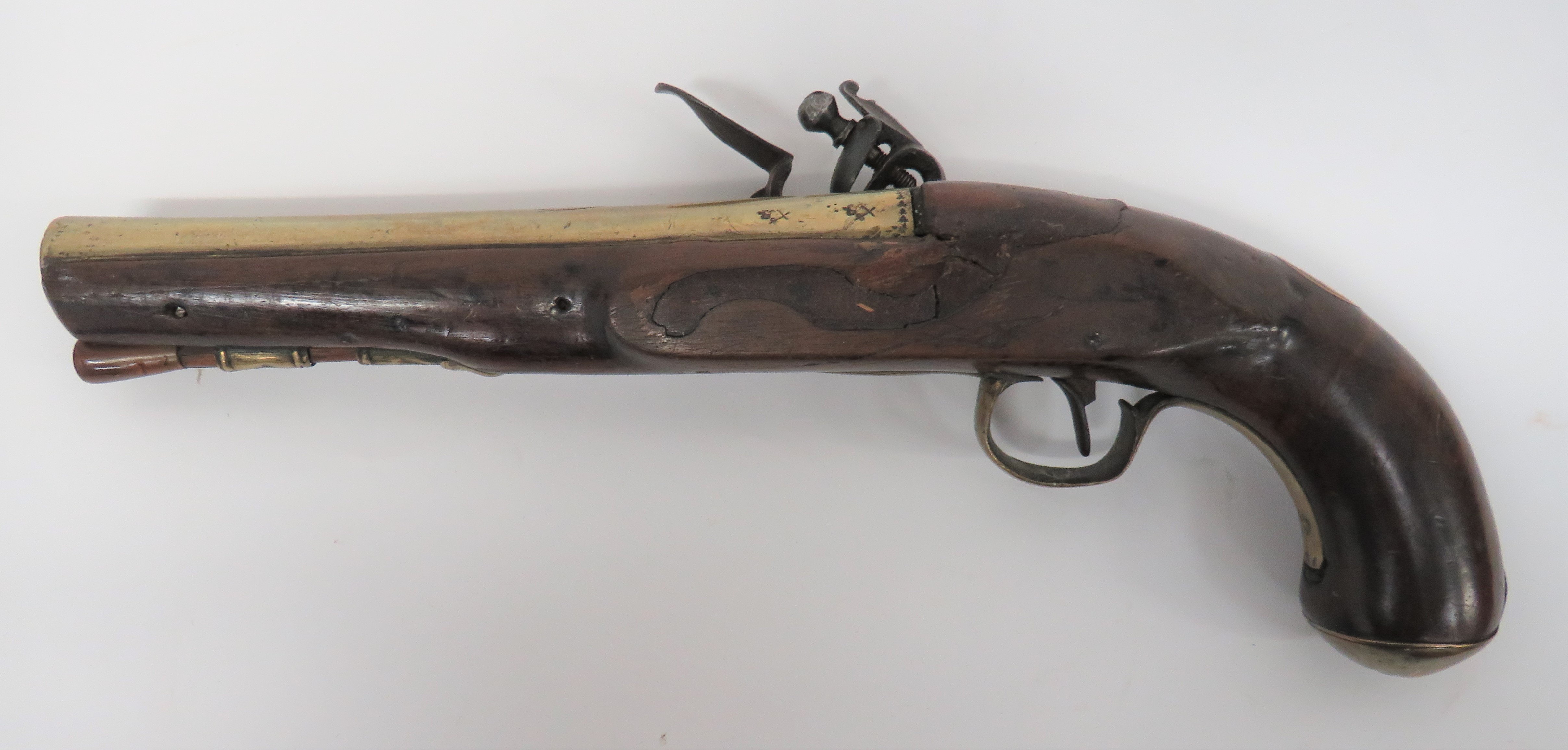 Late 18th Century Brass Barrel Flintlock Holster Pistol .600, 8 inch, brass barrel.  The top - Image 2 of 4