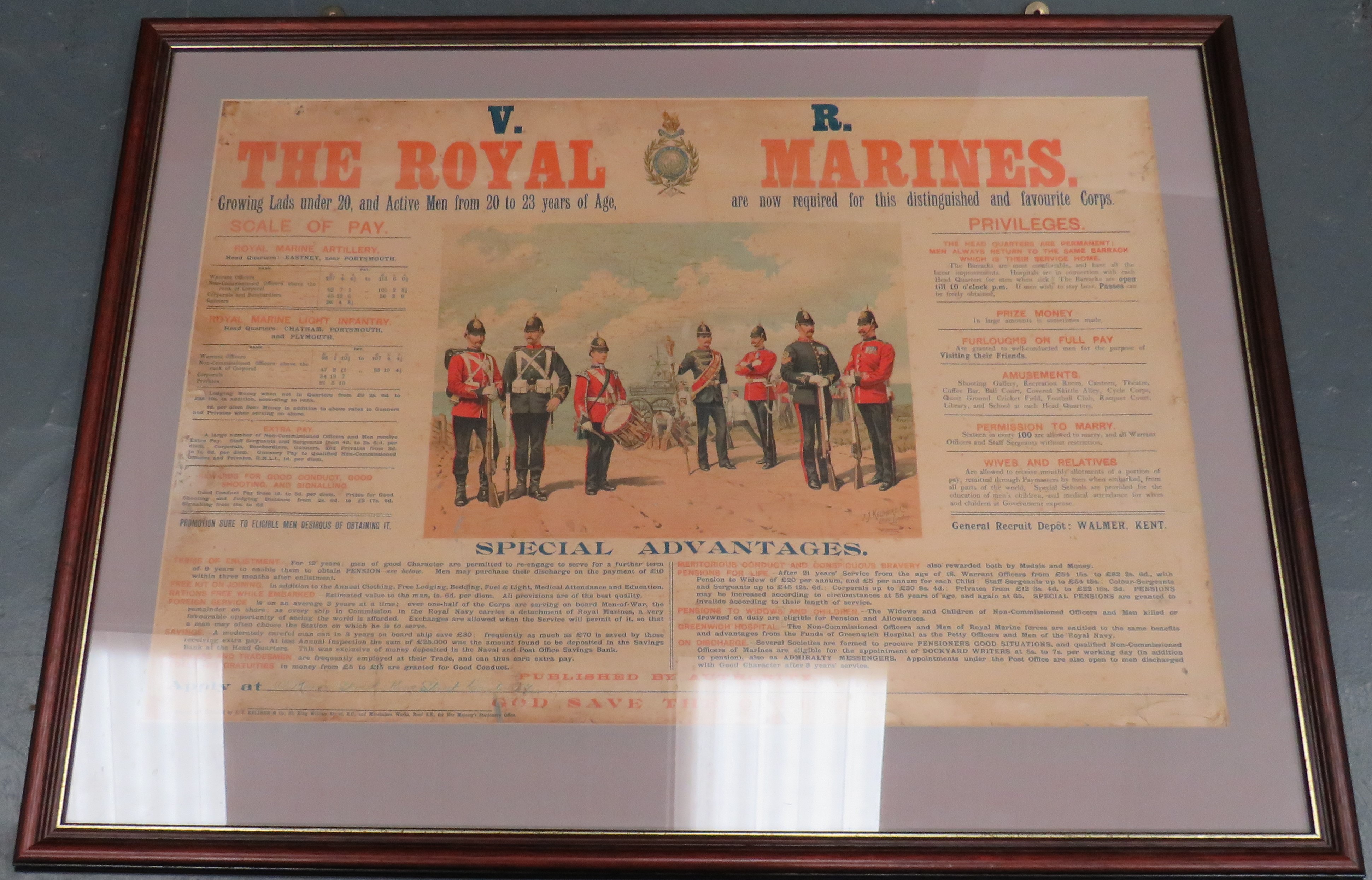 Victorian Royal Marines Recruiting Poster coloured, central picture with various Royal Marines