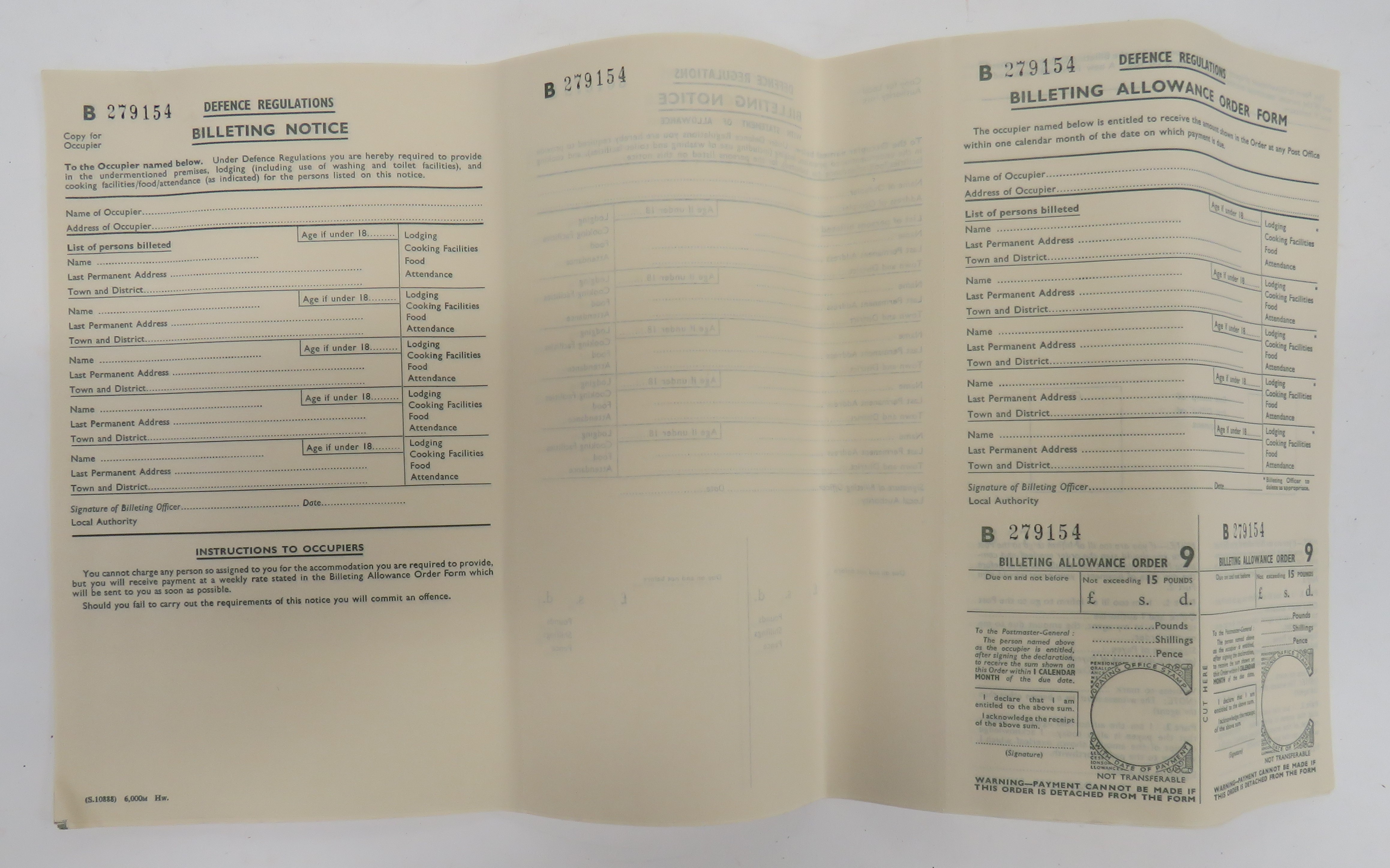 Ten Unused Billeting Allowance Forms WW2 Defence Regulations Billeting Notice forms.  All