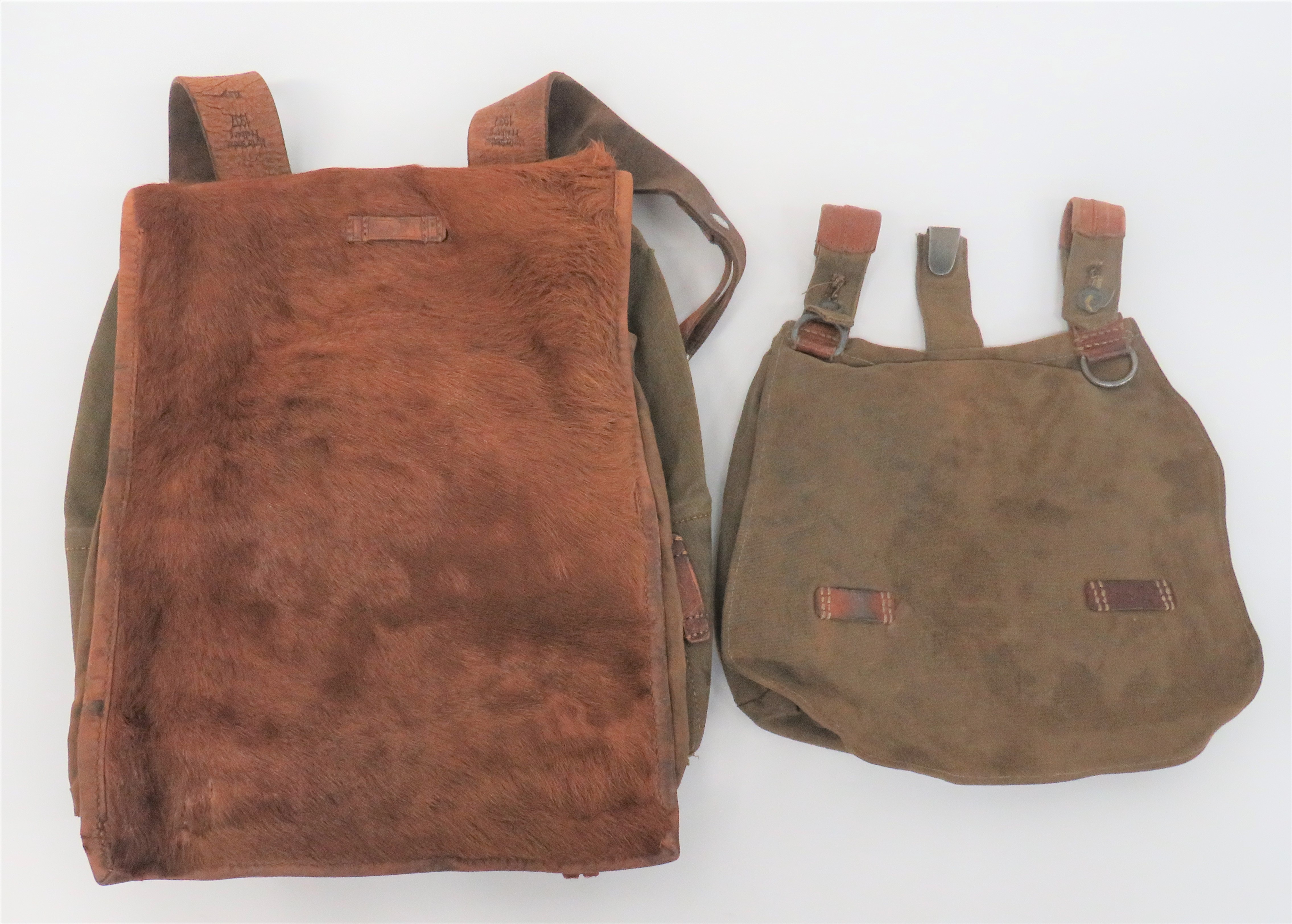 WW2 German Tornister Pack and Bread Bag green canvas, rectangular bag.  Full front flap with pony