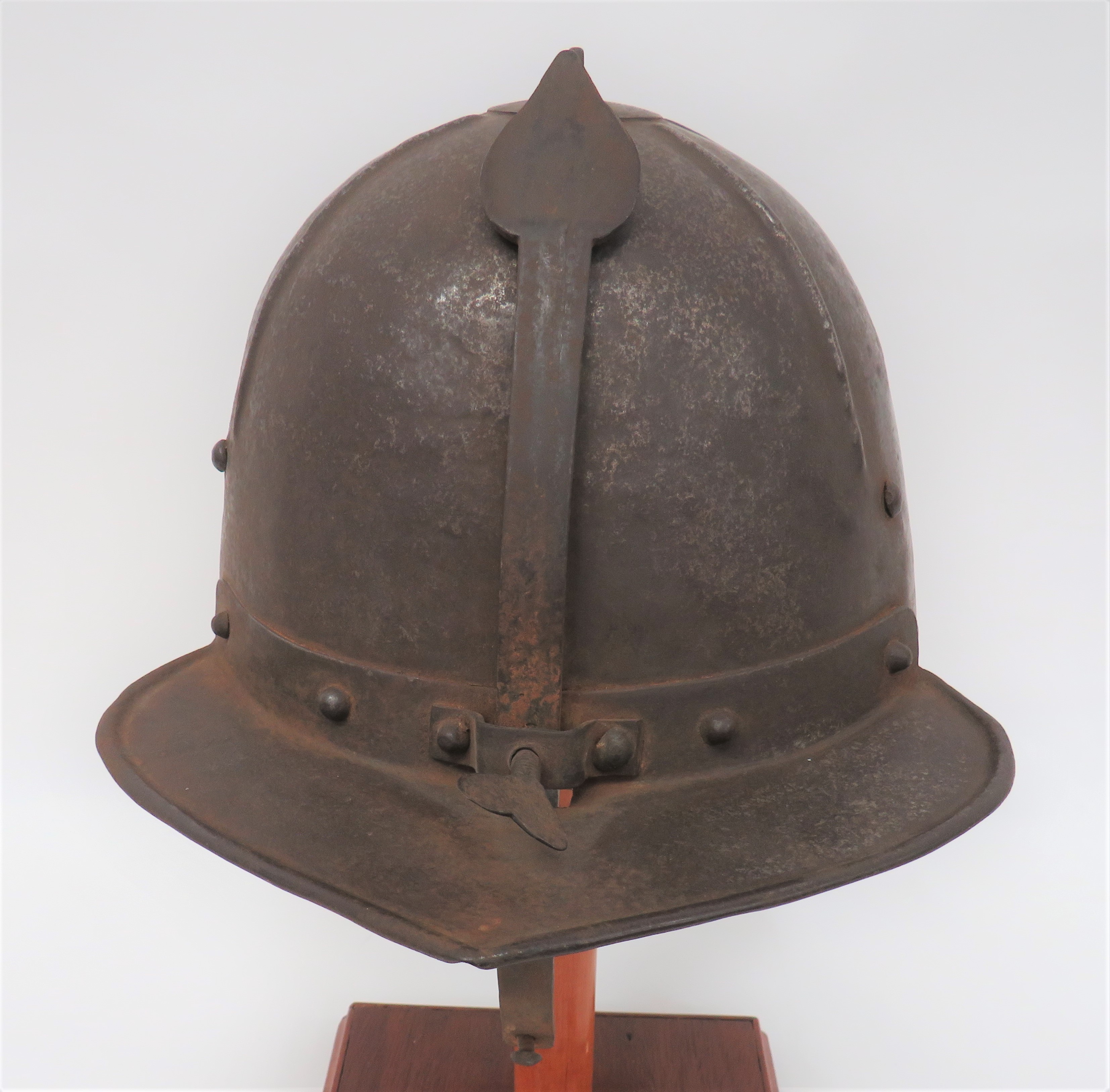 English Civil War Zischagge Lobster Tailed Pot Helmet steel, fluted crown with central cap.  Four - Image 2 of 4